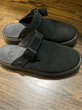 Dr. Martens Black Suede Slip-On Clog with Yellow Stitching
